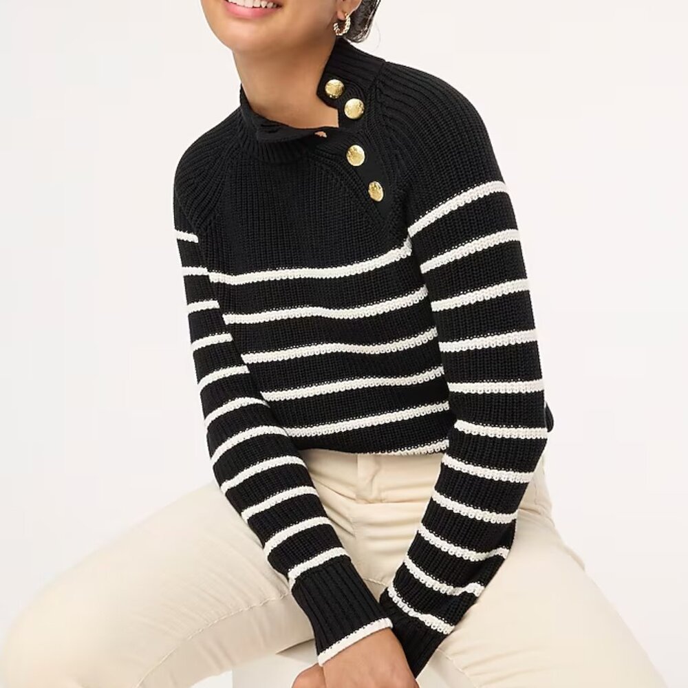 2for$30🏷J.Crew Button-Shoulder Striped Mock Neck Sweater Black & White
